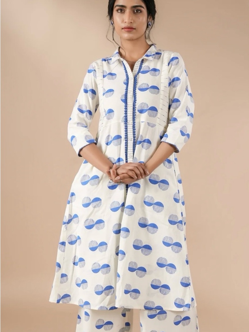 White & Blue Printed Long Tunic Dress NWOT